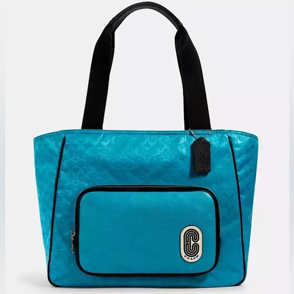 COACH Court Tote Bag Signature C Nylon Pebbled Leather With Patch Blue Black - Picture 1 of 16